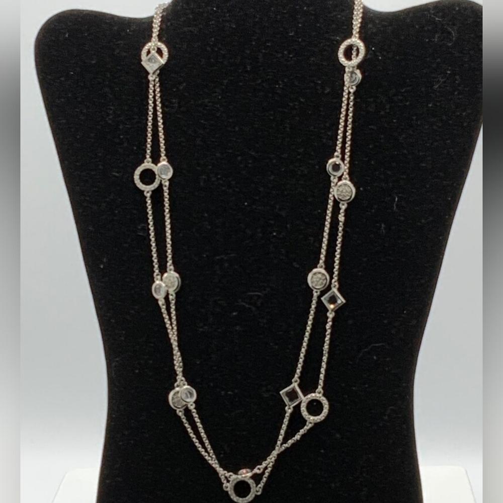 VINTAGE Lia Sophia Silver Necklace with Circular and Square Crystal Accents